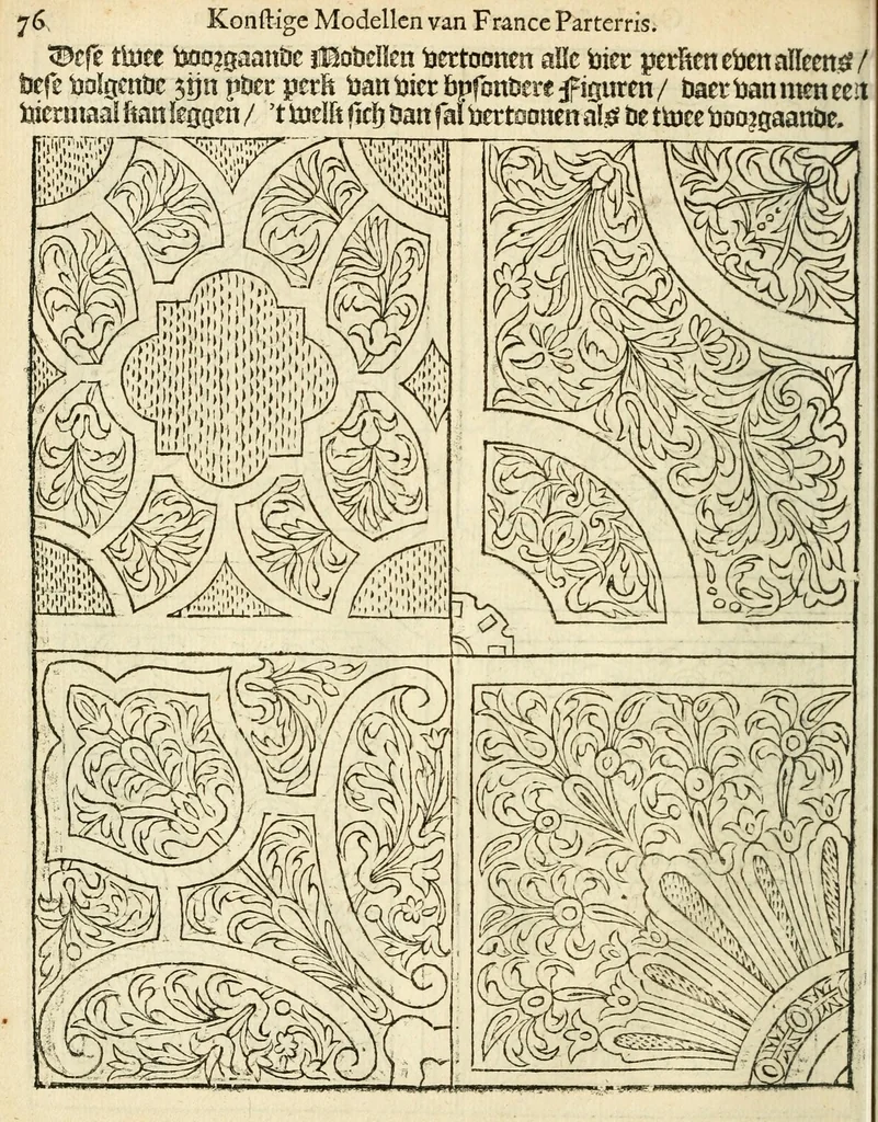 An illustration from Den nederlandtsen hovenier : zijnde het I. deel van het Vermakelijck land-leven, beschrijbende alderhande princelijke en heerlijcke lusthoven en hofsteden; en hoeman de selve, met veelderley uytnemende boomen, bloemen en kruyden, kan beplanted, bezaeyen, en vercieren ..., 1699, leaf 110