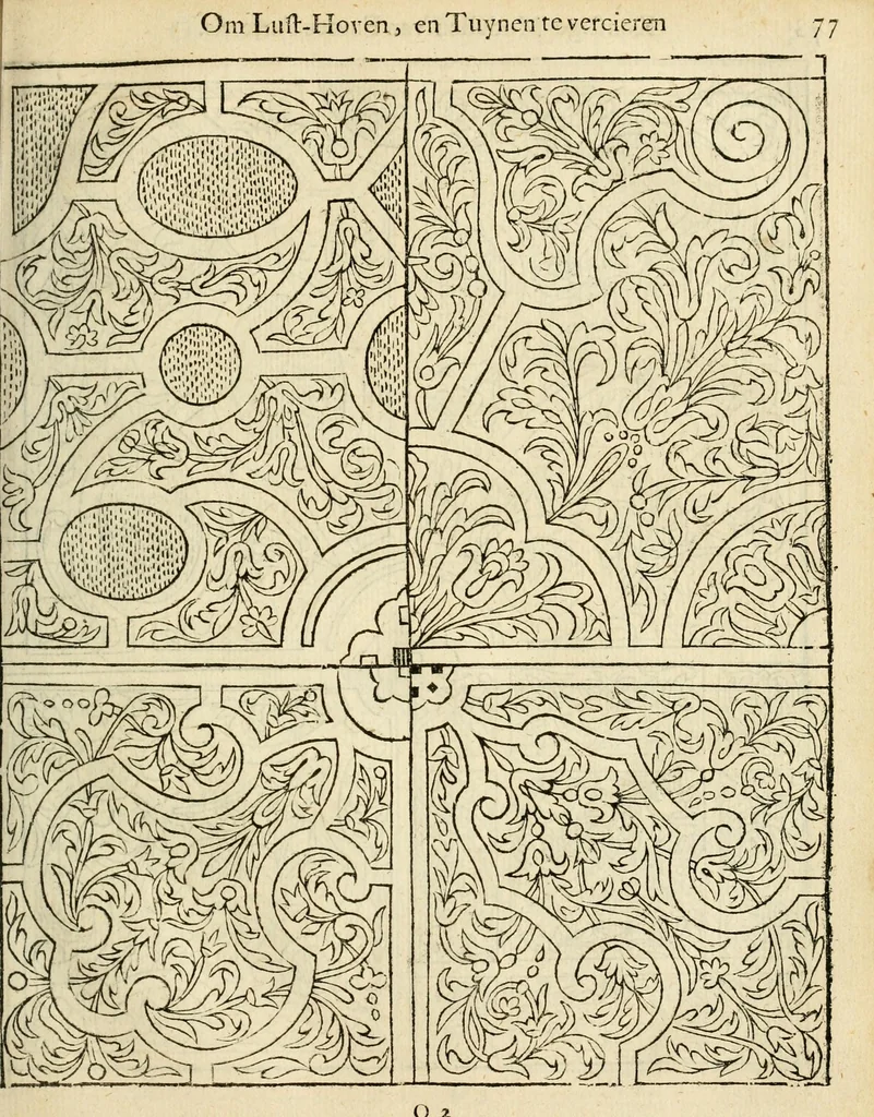An illustration from Den nederlandtsen hovenier : zijnde het I. deel van het Vermakelijck land-leven, beschrijbende alderhande princelijke en heerlijcke lusthoven en hofsteden; en hoeman de selve, met veelderley uytnemende boomen, bloemen en kruyden, kan beplanted, bezaeyen, en vercieren ..., 1699, leaf 111