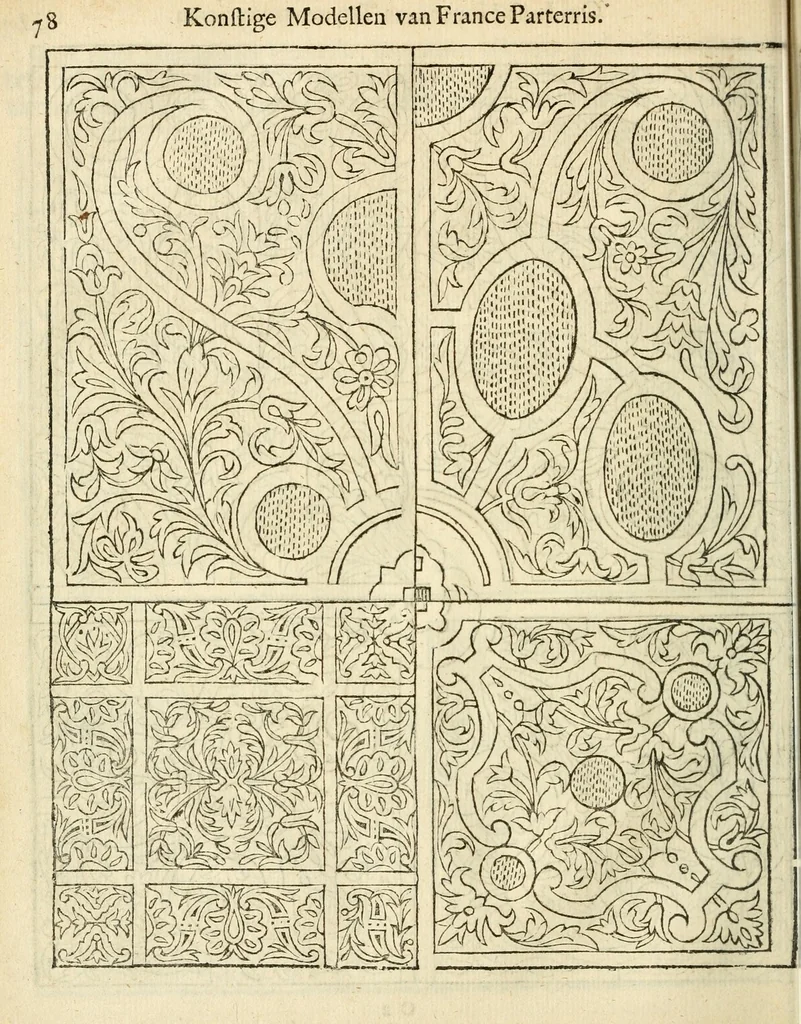 An illustration from Den nederlandtsen hovenier : zijnde het I. deel van het Vermakelijck land-leven, beschrijbende alderhande princelijke en heerlijcke lusthoven en hofsteden; en hoeman de selve, met veelderley uytnemende boomen, bloemen en kruyden, kan beplanted, bezaeyen, en vercieren ..., 1699, leaf 112