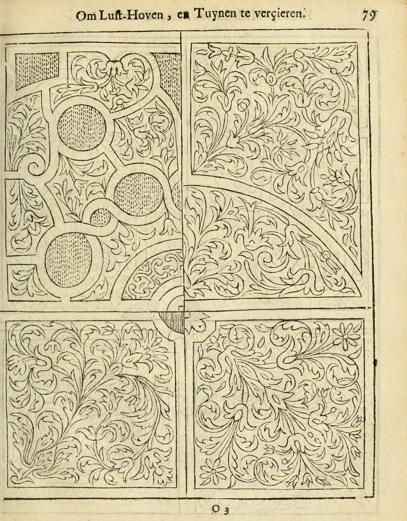 An illustration from Den nederlandtsen hovenier : zijnde het I. deel van het Vermakelijck land-leven, beschrijbende alderhande princelijke en heerlijcke lusthoven en hofsteden; en hoeman de selve, met veelderley uytnemende boomen, bloemen en kruyden, kan beplanted, bezaeyen, en vercieren ..., 1699, leaf 113