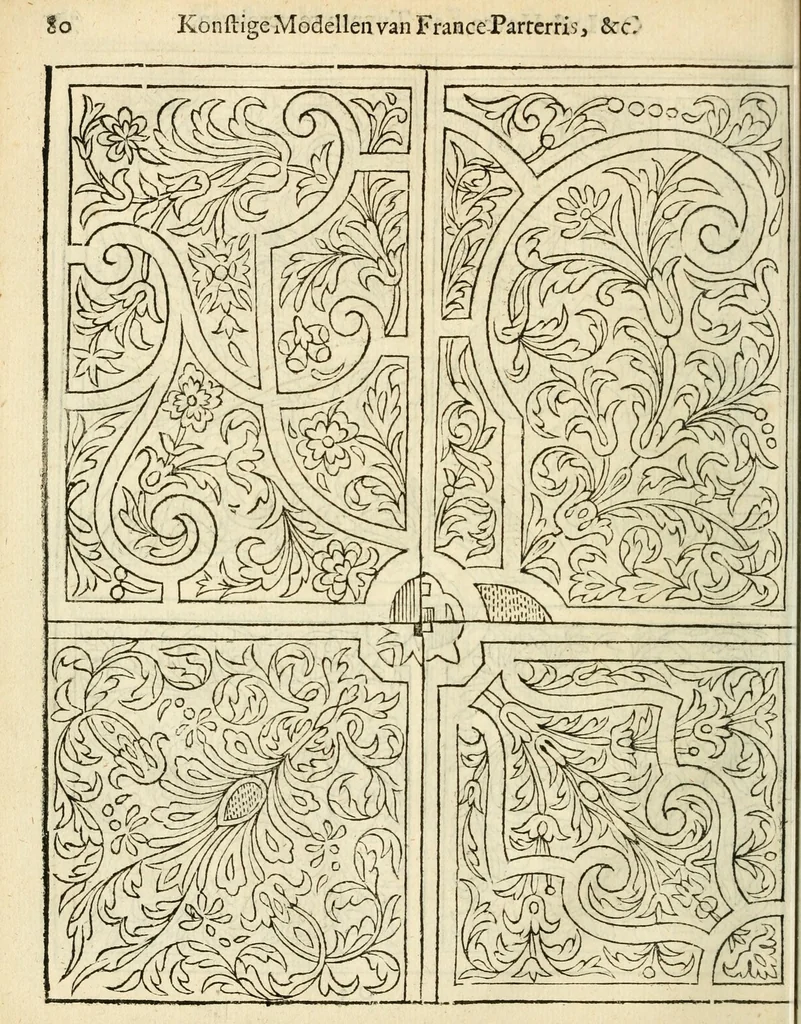An illustration from Den nederlandtsen hovenier : zijnde het I. deel van het Vermakelijck land-leven, beschrijbende alderhande princelijke en heerlijcke lusthoven en hofsteden; en hoeman de selve, met veelderley uytnemende boomen, bloemen en kruyden, kan beplanted, bezaeyen, en vercieren ..., 1699, leaf 114