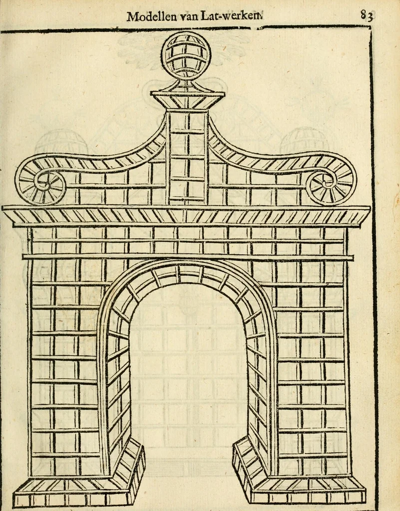An illustration from Den nederlandtsen hovenier : zijnde het I. deel van het Vermakelijck land-leven, beschrijbende alderhande princelijke en heerlijcke lusthoven en hofsteden; en hoeman de selve, met veelderley uytnemende boomen, bloemen en kruyden, kan beplanted, bezaeyen, en vercieren ..., 1699, leaf 117