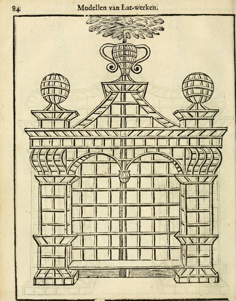 An illustration from Den nederlandtsen hovenier : zijnde het I. deel van het Vermakelijck land-leven, beschrijbende alderhande princelijke en heerlijcke lusthoven en hofsteden; en hoeman de selve, met veelderley uytnemende boomen, bloemen en kruyden, kan beplanted, bezaeyen, en vercieren ..., 1699, leaf 118