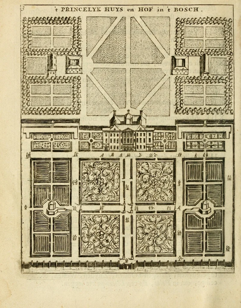An illustration from Den nederlandtsen hovenier : zijnde het I. deel van het Vermakelijck land-leven, beschrijbende alderhande princelijke en heerlijcke lusthoven en hofsteden; en hoeman de selve, met veelderley uytnemende boomen, bloemen en kruyden, kan beplanted, bezaeyen, en vercieren ..., 1699, leaf 12