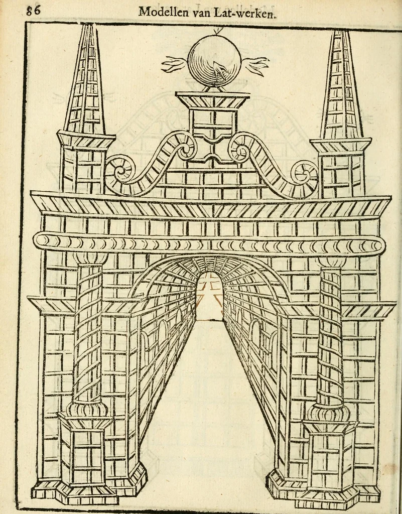 An illustration from Den nederlandtsen hovenier : zijnde het I. deel van het Vermakelijck land-leven, beschrijbende alderhande princelijke en heerlijcke lusthoven en hofsteden; en hoeman de selve, met veelderley uytnemende boomen, bloemen en kruyden, kan beplanted, bezaeyen, en vercieren ..., 1699, leaf 120
