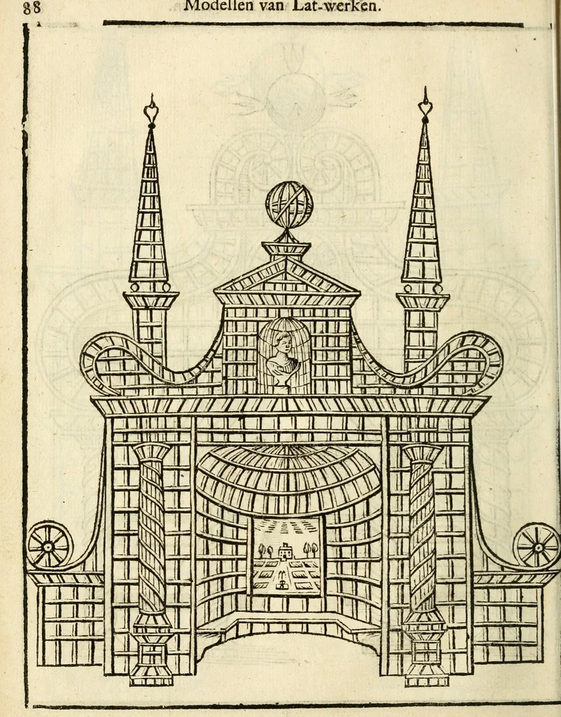 An illustration from Den nederlandtsen hovenier : zijnde het I. deel van het Vermakelijck land-leven, beschrijbende alderhande princelijke en heerlijcke lusthoven en hofsteden; en hoeman de selve, met veelderley uytnemende boomen, bloemen en kruyden, kan beplanted, bezaeyen, en vercieren ..., 1699, leaf 122