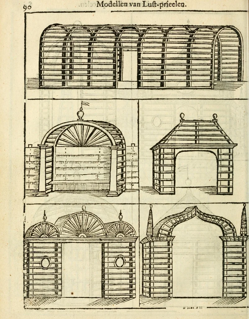 An illustration from Den nederlandtsen hovenier : zijnde het I. deel van het Vermakelijck land-leven, beschrijbende alderhande princelijke en heerlijcke lusthoven en hofsteden; en hoeman de selve, met veelderley uytnemende boomen, bloemen en kruyden, kan beplanted, bezaeyen, en vercieren ..., 1699, leaf 124