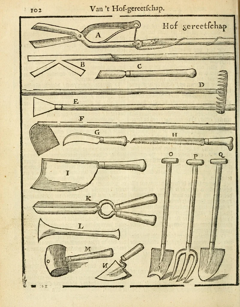 An illustration from Den nederlandtsen hovenier : zijnde het I. deel van het Vermakelijck land-leven, beschrijbende alderhande princelijke en heerlijcke lusthoven en hofsteden; en hoeman de selve, met veelderley uytnemende boomen, bloemen en kruyden, kan beplanted, bezaeyen, en vercieren ..., 1699, leaf 136