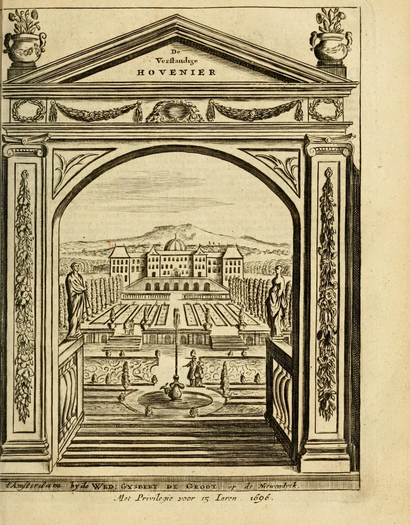 An illustration from Den nederlandtsen hovenier : zijnde het I. deel van het Vermakelijck land-leven, beschrijbende alderhande princelijke en heerlijcke lusthoven en hofsteden; en hoeman de selve, met veelderley uytnemende boomen, bloemen en kruyden, kan beplanted, bezaeyen, en vercieren ..., 1699, leaf 141