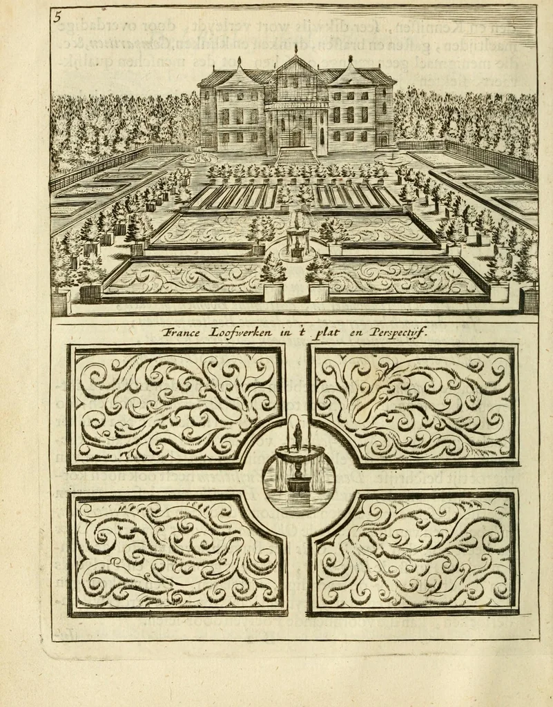 An illustration from Den nederlandtsen hovenier : zijnde het I. deel van het Vermakelijck land-leven, beschrijbende alderhande princelijke en heerlijcke lusthoven en hofsteden; en hoeman de selve, met veelderley uytnemende boomen, bloemen en kruyden, kan beplanted, bezaeyen, en vercieren ..., 1699, leaf 16