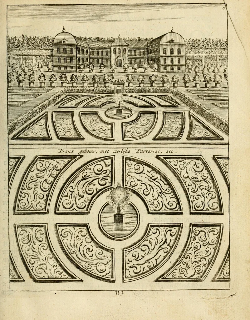 An illustration from Den nederlandtsen hovenier : zijnde het I. deel van het Vermakelijck land-leven, beschrijbende alderhande princelijke en heerlijcke lusthoven en hofsteden; en hoeman de selve, met veelderley uytnemende boomen, bloemen en kruyden, kan beplanted, bezaeyen, en vercieren ..., 1699, leaf 17