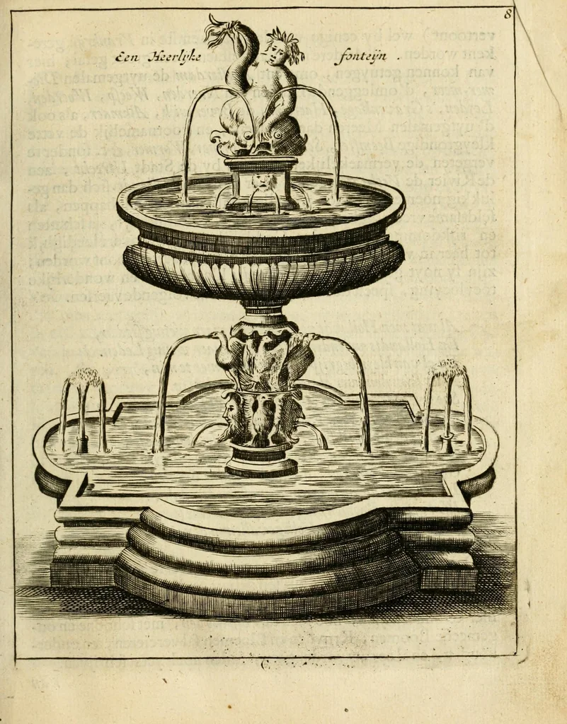 An illustration from Den nederlandtsen hovenier : zijnde het I. deel van het Vermakelijck land-leven, beschrijbende alderhande princelijke en heerlijcke lusthoven en hofsteden; en hoeman de selve, met veelderley uytnemende boomen, bloemen en kruyden, kan beplanted, bezaeyen, en vercieren ..., 1699, leaf 21