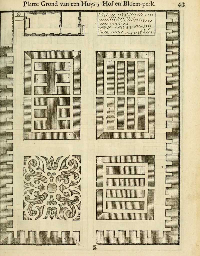 An illustration from Den nederlandtsen hovenier : zijnde het I. deel van het Vermakelijck land-leven, beschrijbende alderhande princelijke en heerlijcke lusthoven en hofsteden; en hoeman de selve, met veelderley uytnemende boomen, bloemen en kruyden, kan beplanted, bezaeyen, en vercieren ..., 1699, leaf 77