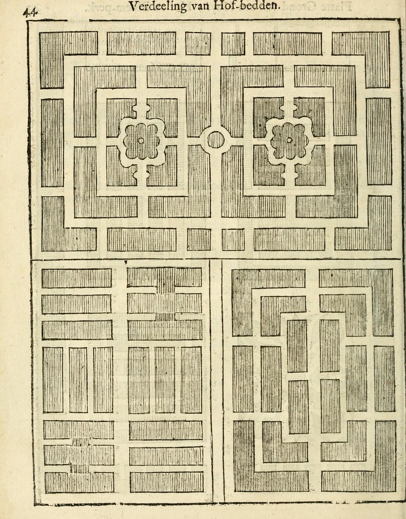 An illustration from Den nederlandtsen hovenier : zijnde het I. deel van het Vermakelijck land-leven, beschrijbende alderhande princelijke en heerlijcke lusthoven en hofsteden; en hoeman de selve, met veelderley uytnemende boomen, bloemen en kruyden, kan beplanted, bezaeyen, en vercieren ..., 1699, leaf 78