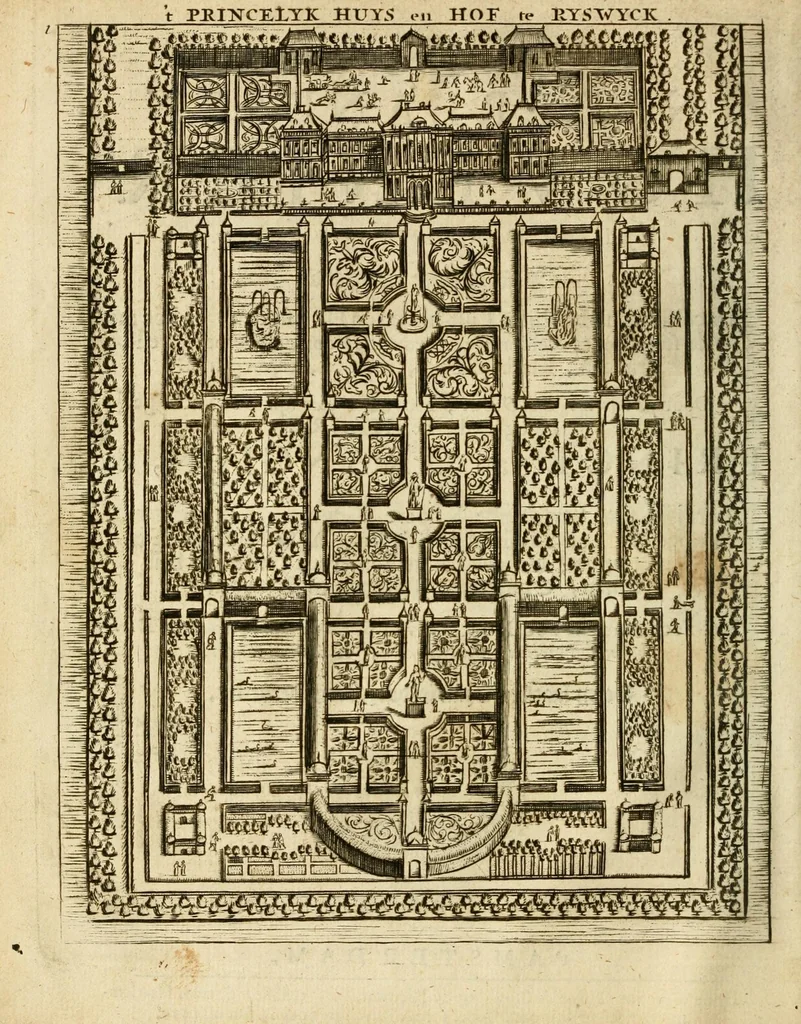 An illustration from Den nederlandtsen hovenier : zijnde het I. deel van het Vermakelijck land-leven, beschrijbende alderhande princelijke en heerlijcke lusthoven en hofsteden; en hoeman de selve, met veelderley uytnemende boomen, bloemen en kruyden, kan beplanted, bezaeyen, en vercieren ..., 1699, leaf 8