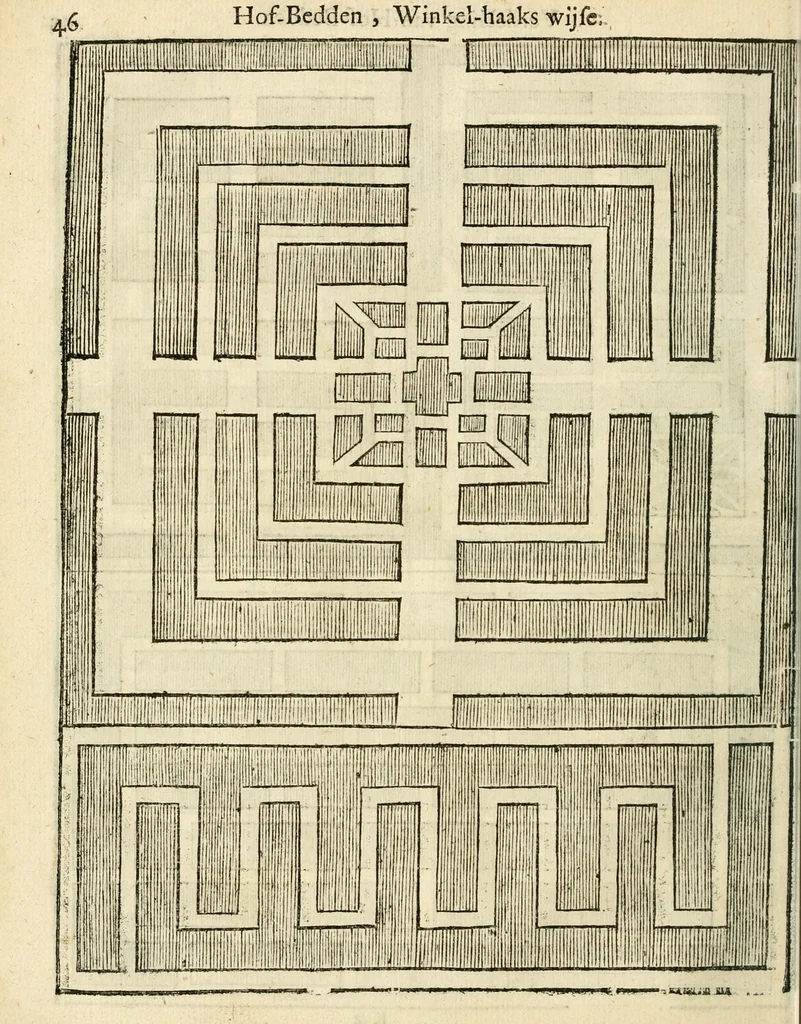 An illustration from Den nederlandtsen hovenier : zijnde het I. deel van het Vermakelijck land-leven, beschrijbende alderhande princelijke en heerlijcke lusthoven en hofsteden; en hoeman de selve, met veelderley uytnemende boomen, bloemen en kruyden, kan beplanted, bezaeyen, en vercieren ..., 1699, leaf 80