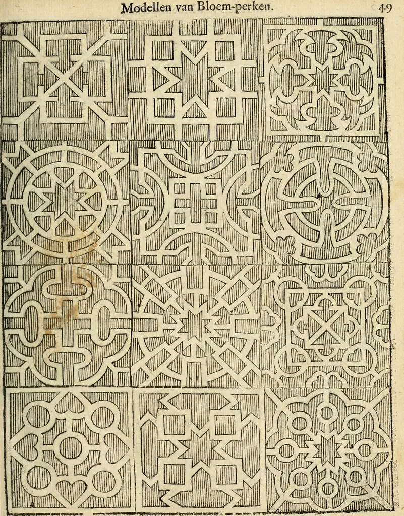 An illustration from Den nederlandtsen hovenier : zijnde het I. deel van het Vermakelijck land-leven, beschrijbende alderhande princelijke en heerlijcke lusthoven en hofsteden; en hoeman de selve, met veelderley uytnemende boomen, bloemen en kruyden, kan beplanted, bezaeyen, en vercieren ..., 1699, leaf 83