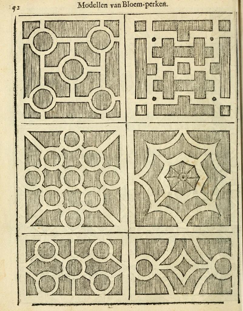 An illustration from Den nederlandtsen hovenier : zijnde het I. deel van het Vermakelijck land-leven, beschrijbende alderhande princelijke en heerlijcke lusthoven en hofsteden; en hoeman de selve, met veelderley uytnemende boomen, bloemen en kruyden, kan beplanted, bezaeyen, en vercieren ..., 1699, leaf 86