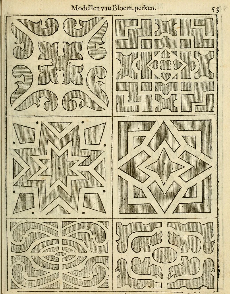 An illustration from Den nederlandtsen hovenier : zijnde het I. deel van het Vermakelijck land-leven, beschrijbende alderhande princelijke en heerlijcke lusthoven en hofsteden; en hoeman de selve, met veelderley uytnemende boomen, bloemen en kruyden, kan beplanted, bezaeyen, en vercieren ..., 1699, leaf 87