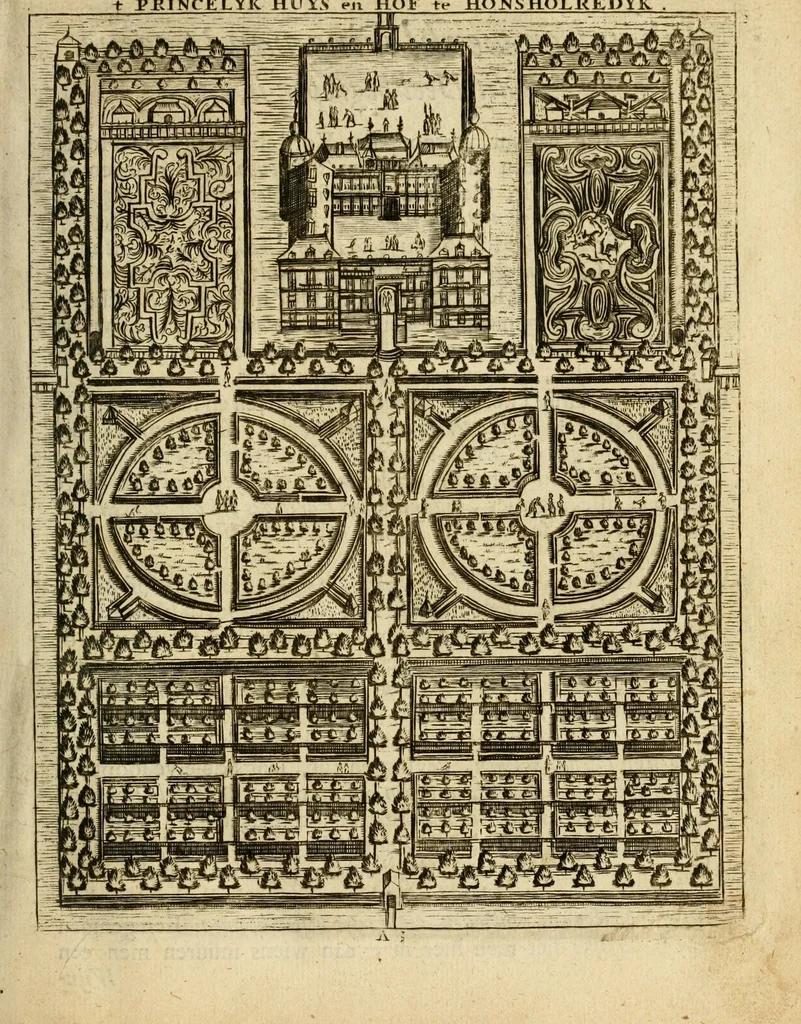 An illustration from Den nederlandtsen hovenier : zijnde het I. deel van het Vermakelijck land-leven, beschrijbende alderhande princelijke en heerlijcke lusthoven en hofsteden; en hoeman de selve, met veelderley uytnemende boomen, bloemen en kruyden, kan beplanted, bezaeyen, en vercieren ..., 1699, leaf 9