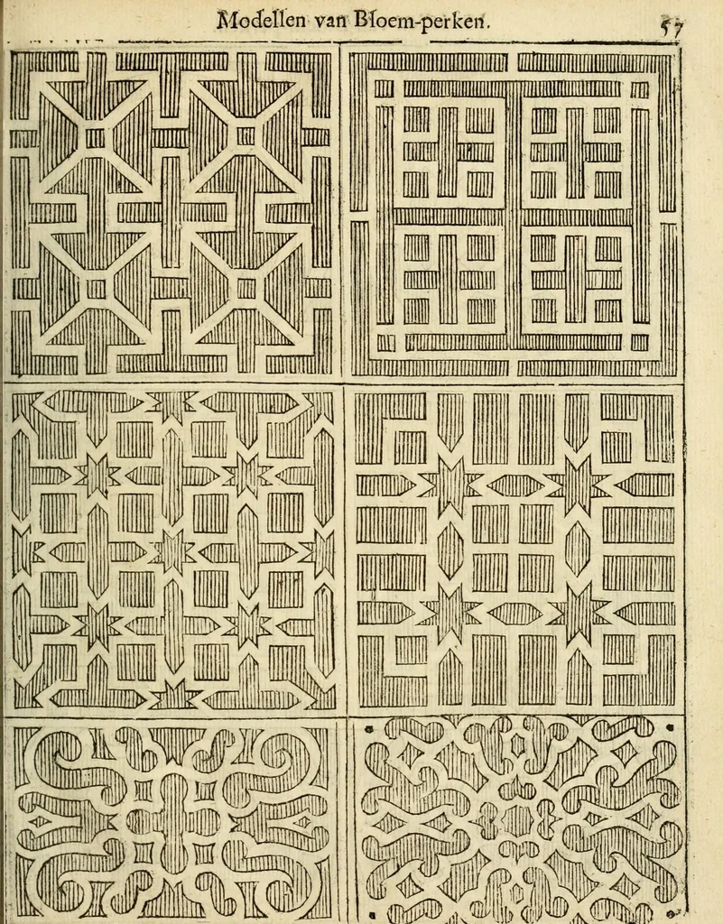 An illustration from Den nederlandtsen hovenier : zijnde het I. deel van het Vermakelijck land-leven, beschrijbende alderhande princelijke en heerlijcke lusthoven en hofsteden; en hoeman de selve, met veelderley uytnemende boomen, bloemen en kruyden, kan beplanted, bezaeyen, en vercieren ..., 1699, leaf 91