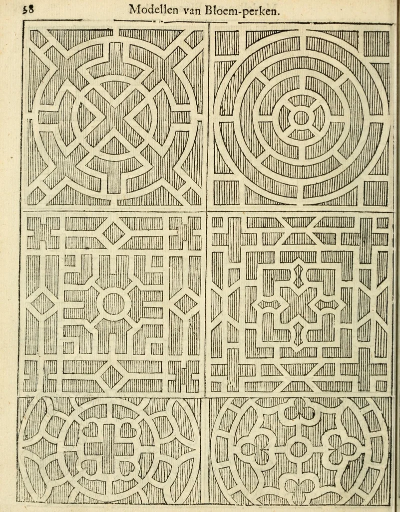 An illustration from Den nederlandtsen hovenier : zijnde het I. deel van het Vermakelijck land-leven, beschrijbende alderhande princelijke en heerlijcke lusthoven en hofsteden; en hoeman de selve, met veelderley uytnemende boomen, bloemen en kruyden, kan beplanted, bezaeyen, en vercieren ..., 1699, leaf 92