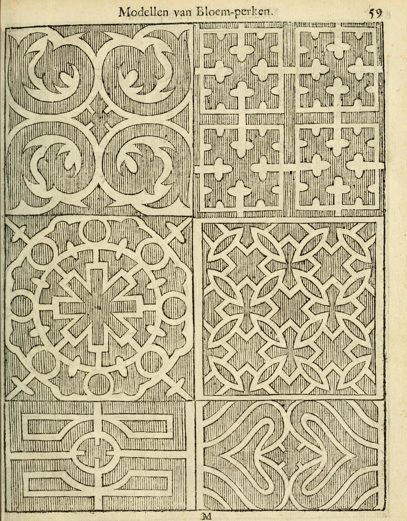 An illustration from Den nederlandtsen hovenier : zijnde het I. deel van het Vermakelijck land-leven, beschrijbende alderhande princelijke en heerlijcke lusthoven en hofsteden; en hoeman de selve, met veelderley uytnemende boomen, bloemen en kruyden, kan beplanted, bezaeyen, en vercieren ..., 1699, leaf 93