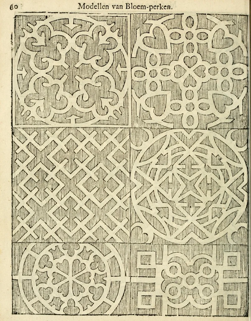 An illustration from Den nederlandtsen hovenier : zijnde het I. deel van het Vermakelijck land-leven, beschrijbende alderhande princelijke en heerlijcke lusthoven en hofsteden; en hoeman de selve, met veelderley uytnemende boomen, bloemen en kruyden, kan beplanted, bezaeyen, en vercieren ..., 1699, leaf 94