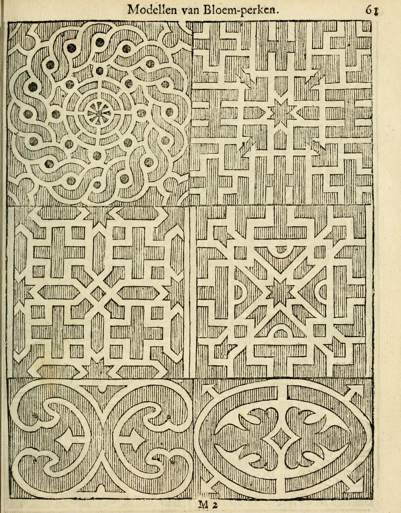 An illustration from Den nederlandtsen hovenier : zijnde het I. deel van het Vermakelijck land-leven, beschrijbende alderhande princelijke en heerlijcke lusthoven en hofsteden; en hoeman de selve, met veelderley uytnemende boomen, bloemen en kruyden, kan beplanted, bezaeyen, en vercieren ..., 1699, leaf 95
