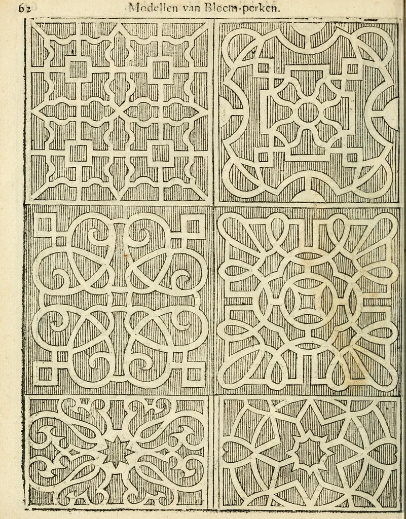 An illustration from Den nederlandtsen hovenier : zijnde het I. deel van het Vermakelijck land-leven, beschrijbende alderhande princelijke en heerlijcke lusthoven en hofsteden; en hoeman de selve, met veelderley uytnemende boomen, bloemen en kruyden, kan beplanted, bezaeyen, en vercieren ..., 1699, leaf 96