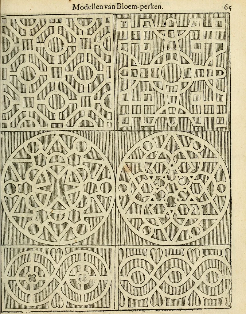 An illustration from Den nederlandtsen hovenier : zijnde het I. deel van het Vermakelijck land-leven, beschrijbende alderhande princelijke en heerlijcke lusthoven en hofsteden; en hoeman de selve, met veelderley uytnemende boomen, bloemen en kruyden, kan beplanted, bezaeyen, en vercieren ..., 1699, leaf 99