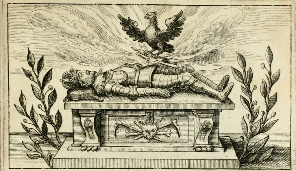 An illustration from Den onderganck des roomschen arents door den noordschen leeuw : af-ghebeeldt in verscheyden konstige figuren, met sin-rijcke verklaringhen der selver, beydes in en buyten rijm ... met een verhael van den doodt des koninghs, 1642, leaf 100