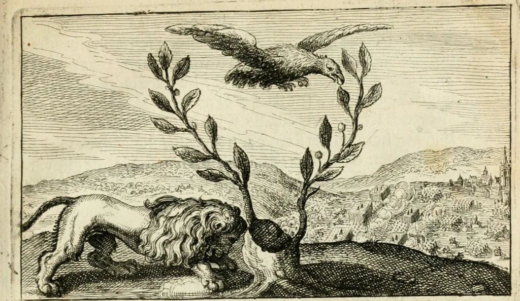 An illustration from Den onderganck des roomschen arents door den noordschen leeuw : af-ghebeeldt in verscheyden konstige figuren, met sin-rijcke verklaringhen der selver, beydes in en buyten rijm ... met een verhael van den doodt des koninghs, 1642, leaf 102
