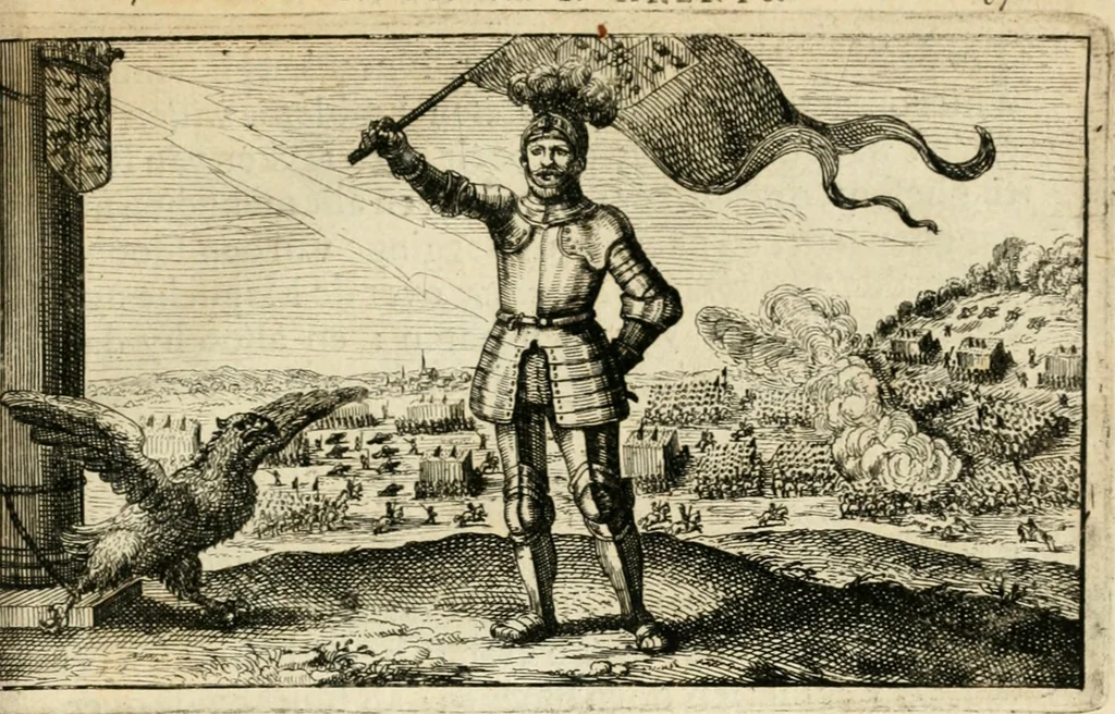 An illustration from Den onderganck des roomschen arents door den noordschen leeuw : af-ghebeeldt in verscheyden konstige figuren, met sin-rijcke verklaringhen der selver, beydes in en buyten rijm ... met een verhael van den doodt des koninghs, 1642, leaf 104