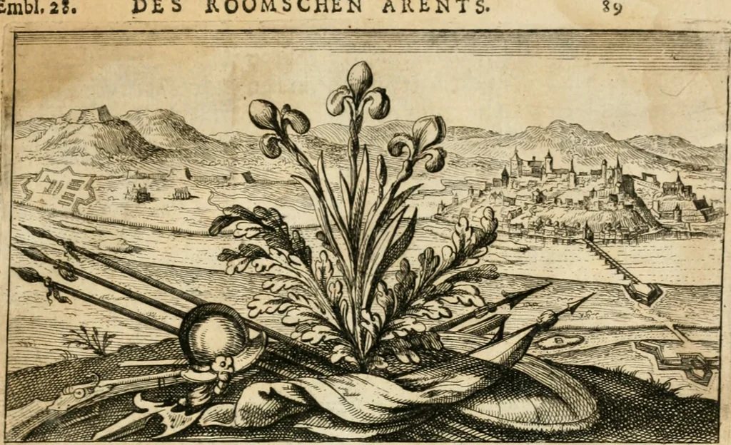 An illustration from Den onderganck des roomschen arents door den noordschen leeuw : af-ghebeeldt in verscheyden konstige figuren, met sin-rijcke verklaringhen der selver, beydes in en buyten rijm ... met een verhael van den doodt des koninghs, 1642, leaf 106