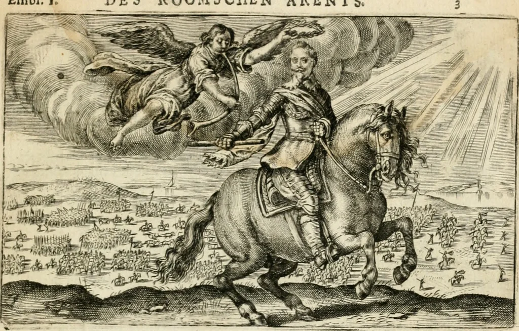 An illustration from Den onderganck des roomschen arents door den noordschen leeuw : af-ghebeeldt in verscheyden konstige figuren, met sin-rijcke verklaringhen der selver, beydes in en buyten rijm ... met een verhael van den doodt des koninghs, 1642, leaf 20