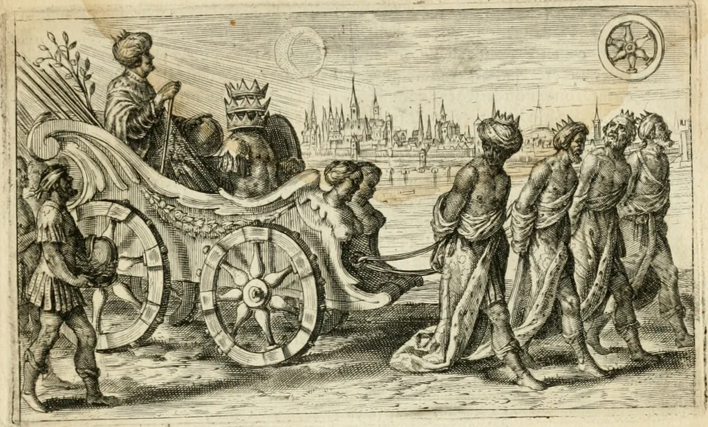 An illustration from Den onderganck des roomschen arents door den noordschen leeuw : af-ghebeeldt in verscheyden konstige figuren, met sin-rijcke verklaringhen der selver, beydes in en buyten rijm ... met een verhael van den doodt des koninghs, 1642, leaf 22