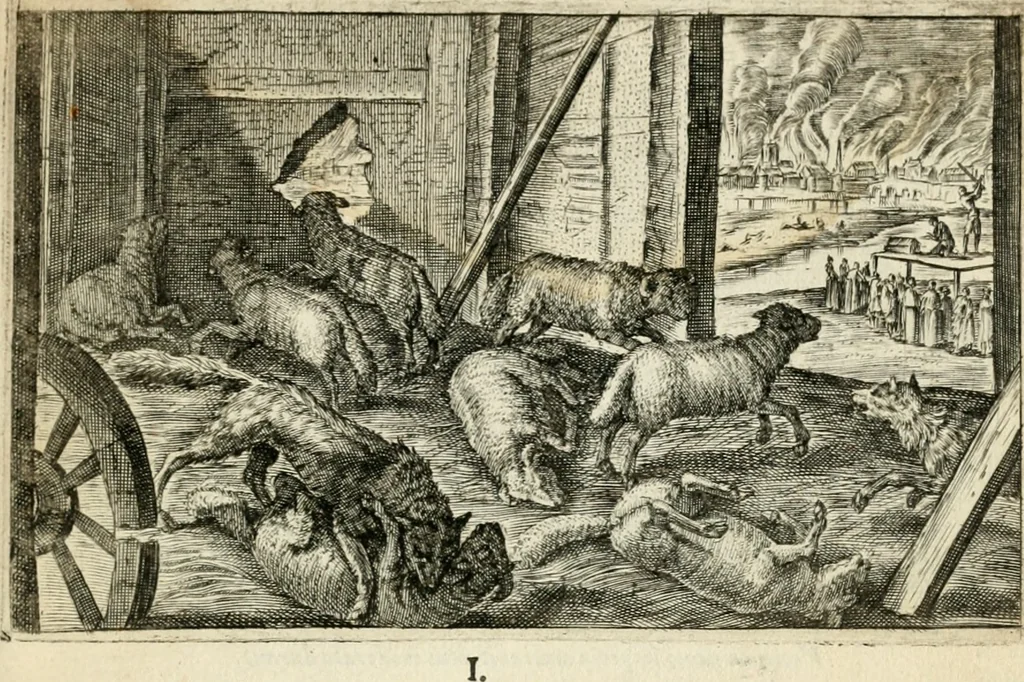 An illustration from Den onderganck des roomschen arents door den noordschen leeuw : af-ghebeeldt in verscheyden konstige figuren, met sin-rijcke verklaringhen der selver, beydes in en buyten rijm ... met een verhael van den doodt des koninghs, 1642, leaf 24