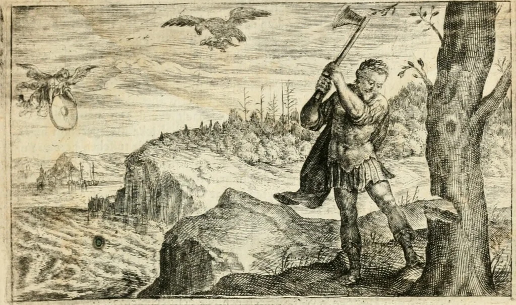 An illustration from Den onderganck des roomschen arents door den noordschen leeuw : af-ghebeeldt in verscheyden konstige figuren, met sin-rijcke verklaringhen der selver, beydes in en buyten rijm ... met een verhael van den doodt des koninghs, 1642, leaf 30