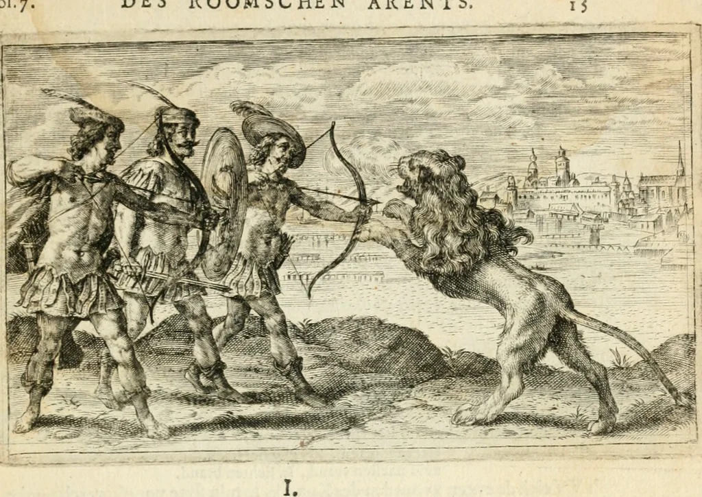 An illustration from Den onderganck des roomschen arents door den noordschen leeuw : af-ghebeeldt in verscheyden konstige figuren, met sin-rijcke verklaringhen der selver, beydes in en buyten rijm ... met een verhael van den doodt des koninghs, 1642, leaf 32