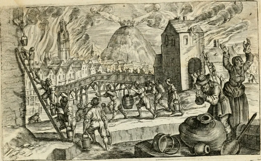 An illustration from Den onderganck des roomschen arents door den noordschen leeuw : af-ghebeeldt in verscheyden konstige figuren, met sin-rijcke verklaringhen der selver, beydes in en buyten rijm ... met een verhael van den doodt des koninghs, 1642, leaf 34