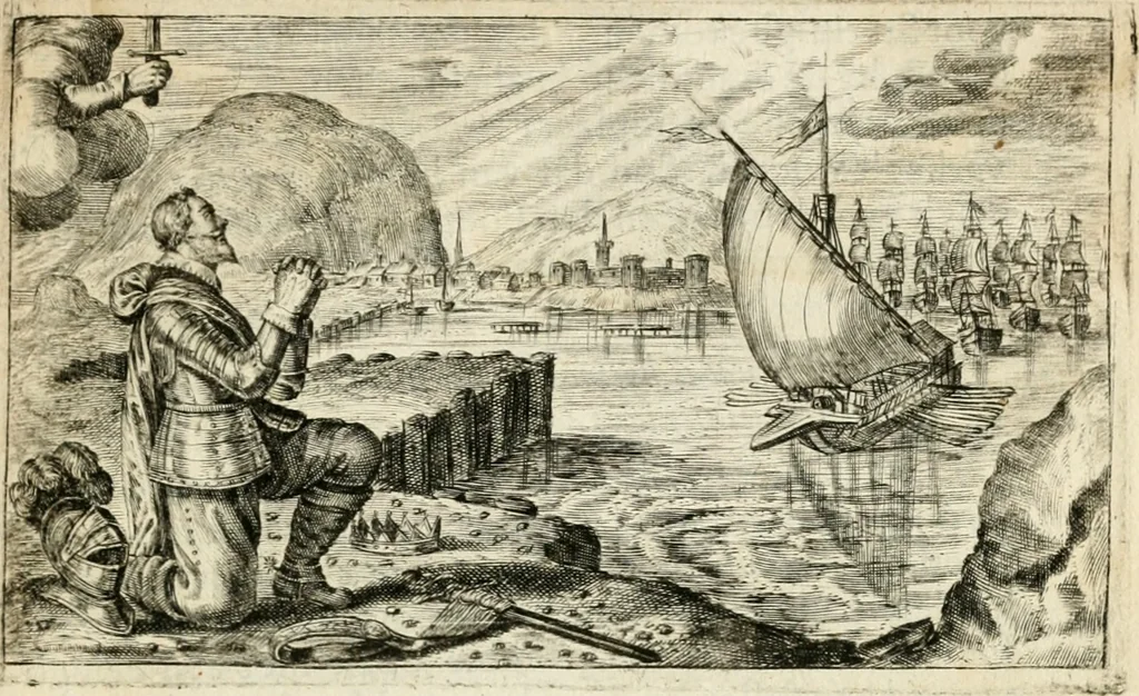 An illustration from Den onderganck des roomschen arents door den noordschen leeuw : af-ghebeeldt in verscheyden konstige figuren, met sin-rijcke verklaringhen der selver, beydes in en buyten rijm ... met een verhael van den doodt des koninghs, 1642, leaf 36
