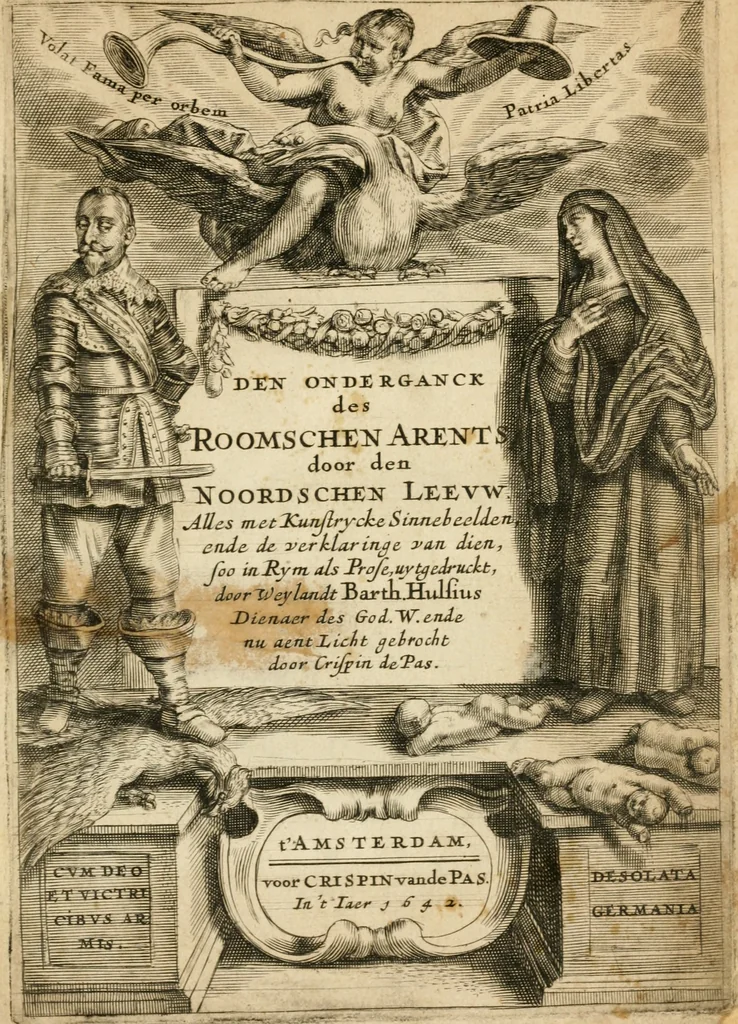 An illustration from Den onderganck des roomschen arents door den noordschen leeuw : af-ghebeeldt in verscheyden konstige figuren, met sin-rijcke verklaringhen der selver, beydes in en buyten rijm ... met een verhael van den doodt des koninghs, 1642, leaf 4