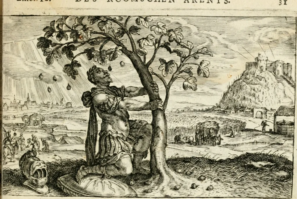 An illustration from Den onderganck des roomschen arents door den noordschen leeuw : af-ghebeeldt in verscheyden konstige figuren, met sin-rijcke verklaringhen der selver, beydes in en buyten rijm ... met een verhael van den doodt des koninghs, 1642, leaf 48