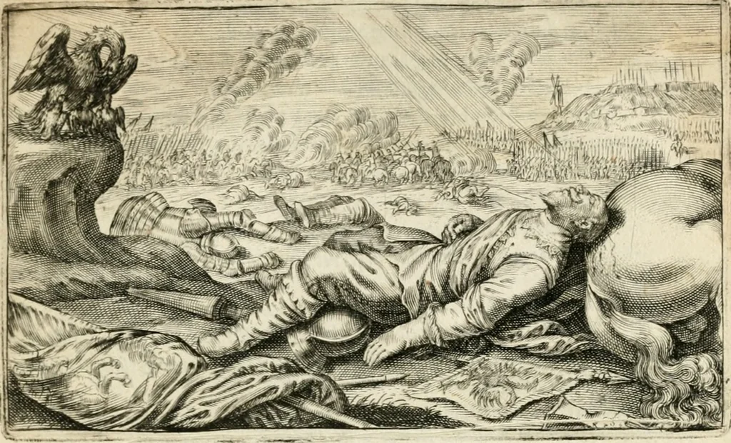An illustration from Den onderganck des roomschen arents door den noordschen leeuw : af-ghebeeldt in verscheyden konstige figuren, met sin-rijcke verklaringhen der selver, beydes in en buyten rijm ... met een verhael van den doodt des koninghs, 1642, leaf 50