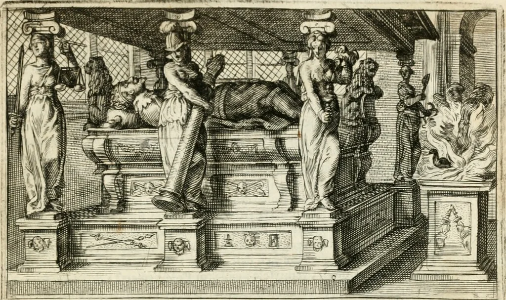 An illustration from Den onderganck des roomschen arents door den noordschen leeuw : af-ghebeeldt in verscheyden konstige figuren, met sin-rijcke verklaringhen der selver, beydes in en buyten rijm ... met een verhael van den doodt des koninghs, 1642, leaf 62