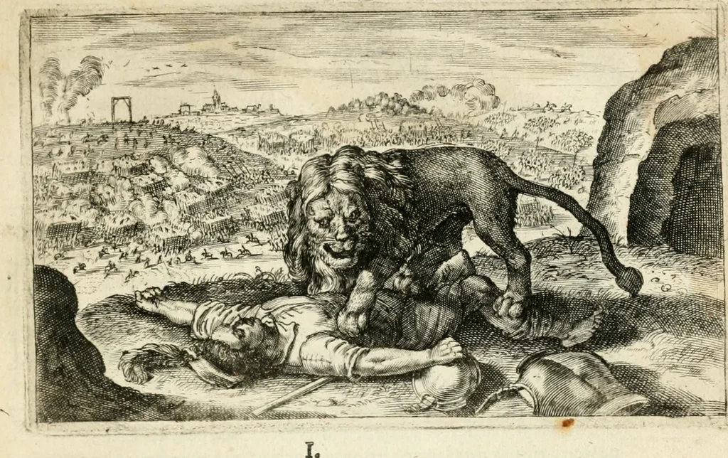 An illustration from Den onderganck des roomschen arents door den noordschen leeuw : af-ghebeeldt in verscheyden konstige figuren, met sin-rijcke verklaringhen der selver, beydes in en buyten rijm ... met een verhael van den doodt des koninghs, 1642, leaf 66