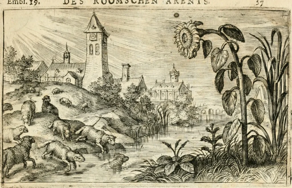 An illustration from Den onderganck des roomschen arents door den noordschen leeuw : af-ghebeeldt in verscheyden konstige figuren, met sin-rijcke verklaringhen der selver, beydes in en buyten rijm ... met een verhael van den doodt des koninghs, 1642, leaf 74