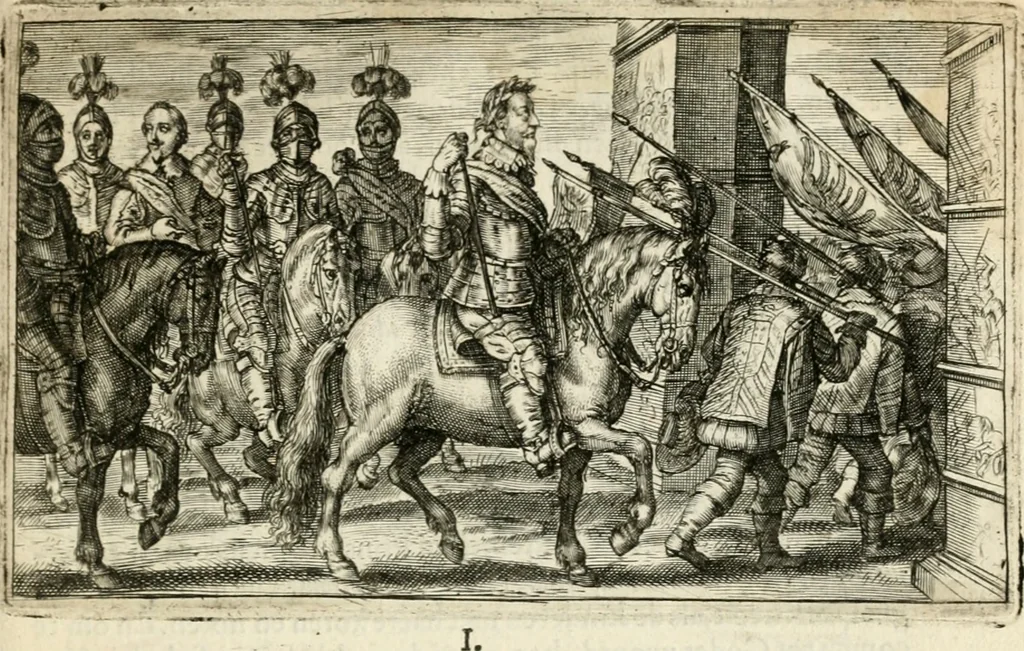 An illustration from Den onderganck des roomschen arents door den noordschen leeuw : af-ghebeeldt in verscheyden konstige figuren, met sin-rijcke verklaringhen der selver, beydes in en buyten rijm ... met een verhael van den doodt des koninghs, 1642, leaf 86