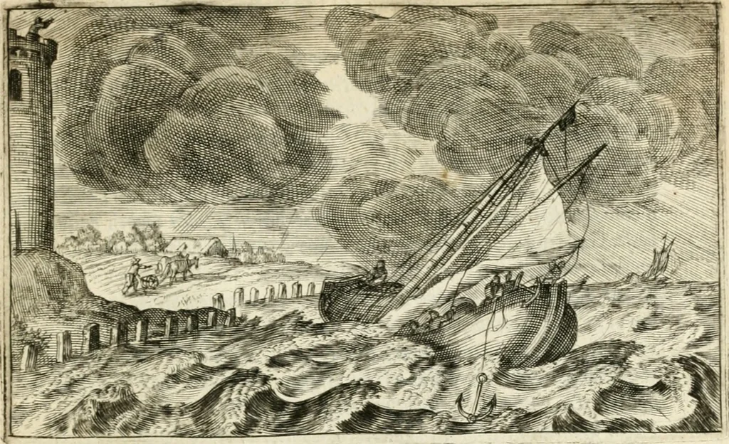 An illustration from Den onderganck des roomschen arents door den noordschen leeuw : af-ghebeeldt in verscheyden konstige figuren, met sin-rijcke verklaringhen der selver, beydes in en buyten rijm ... met een verhael van den doodt des koninghs, 1642, leaf 90
